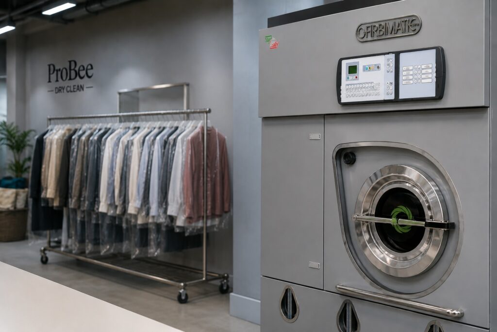 roBee Dry Clean facility in Dubai with garments on rail